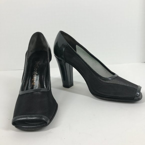 Yves Saint Laurent Shoes - Yves Saint Laurent Vintage Charcoal Gray Patent leather and Mesh Open toe Heel